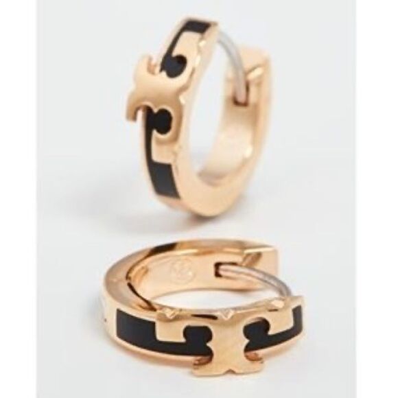 New Tory Burch Gold Logo Black Small Huggie Hoop Earings - Picture 2 of 3